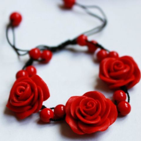中国风手工编织漆雕玫瑰花朵手链