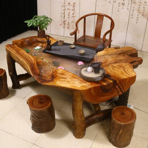 “年年有余”实木雕刻根雕流水茶台茶桌