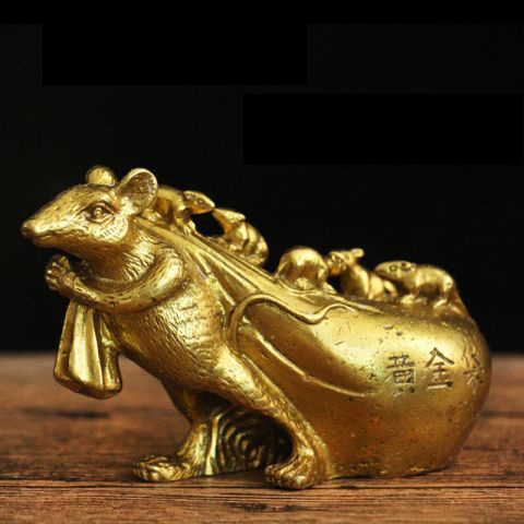 纯铜12生肖“鼠背钱袋”招财摆件